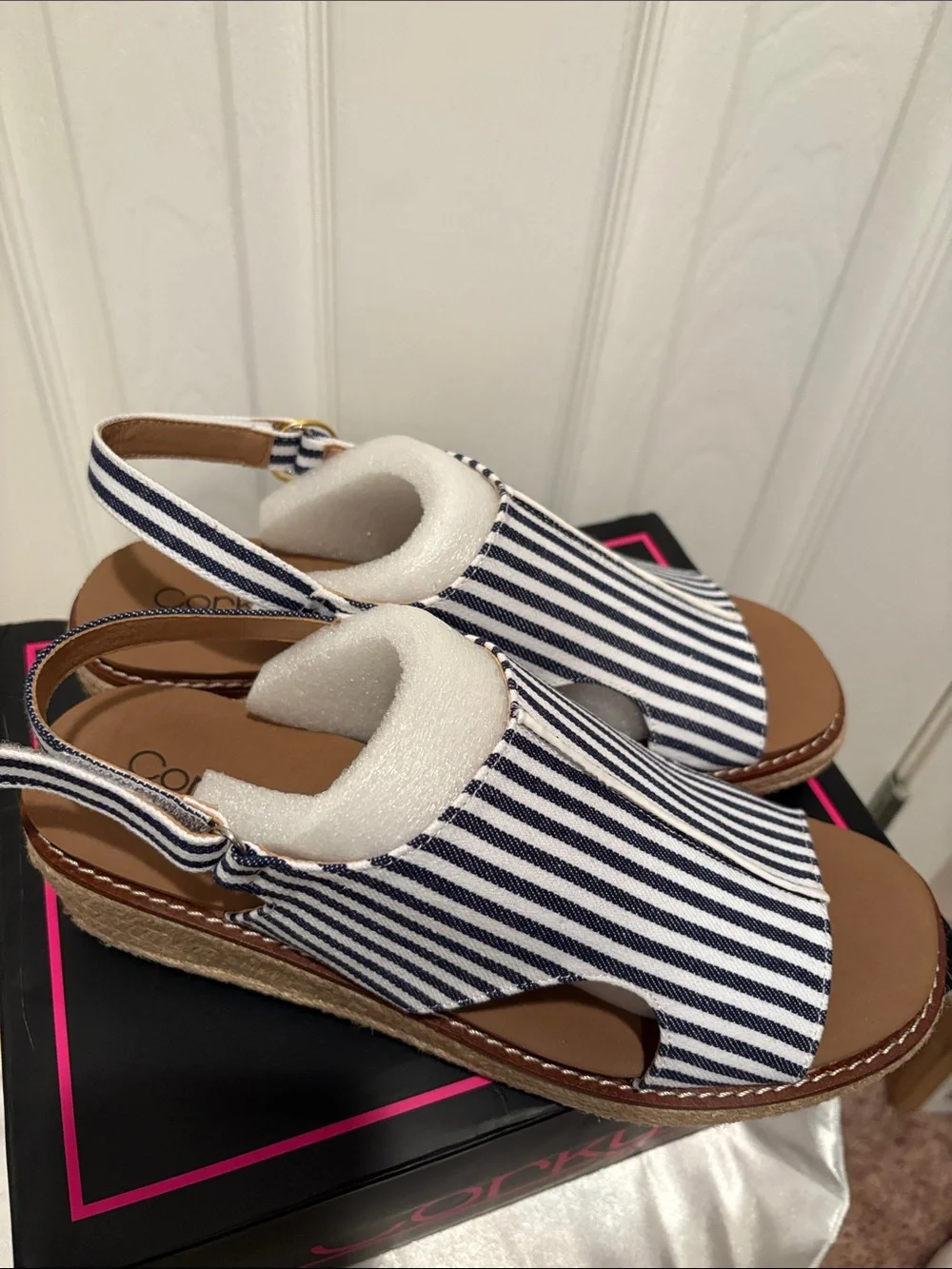 Corkys Navy and White Striped Espadrille Wedge Sandals